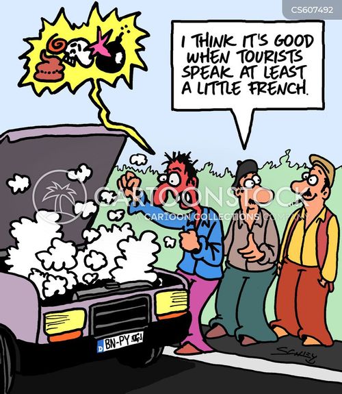 car travel cartoon with tourists and the caption I think it's good when tourists speak at least a little French. by Karsten Schley