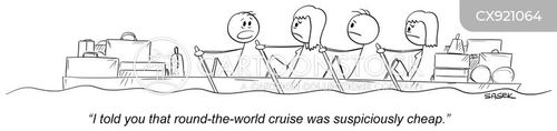 cruiseship cartoon with cruise and the caption "I told you that round-the-world cruise was suspiciously cheap." by Zdenek Sasek