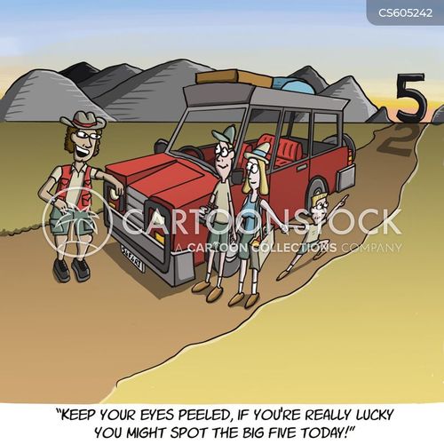 african safari cartoon with safari and the caption "Keep your eyes peeled, if you're really lucky you might spot the big five today!" by Rob Baines