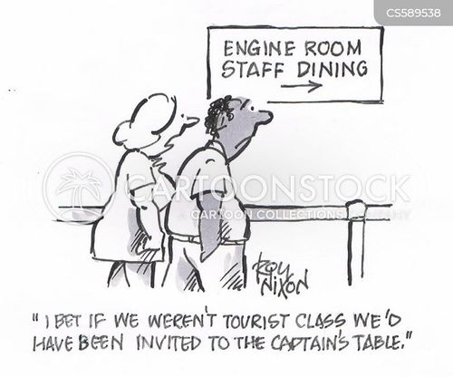 cruiseship cartoon with tourist and the caption "I bet if we weren't tourist class we'd have bee invited to the Captain's table." by Roy Nixon