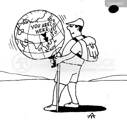 global travel cartoon with traveler and the caption "You are here" by Alexei Talimonov