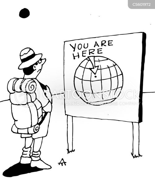 global travel cartoon with traveler and the caption "You are here" by Alexei Talimonov