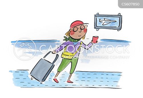 travel cartoon with traveler and the caption Woman With Suitcase In An Airport by Rosie Brooks