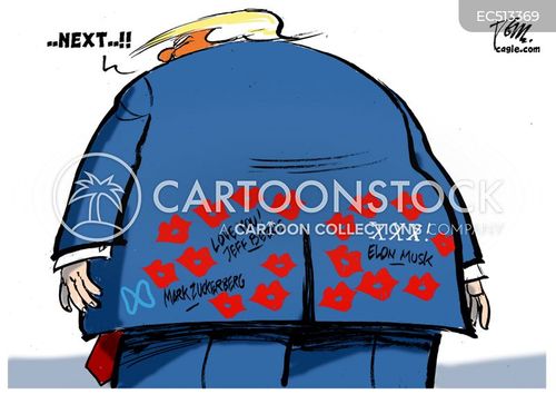 kissing up to trump cartoon with zuckerberg and the caption Trump Kissers by Tom Janssen