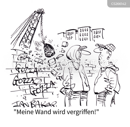 Cartoons und Karikaturen mit Die Schrift Steht An Der Wand