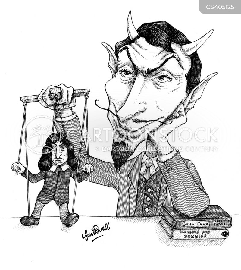 René Descartes manipulated by a demonic figure—cartoon about the evil demon thought experiment