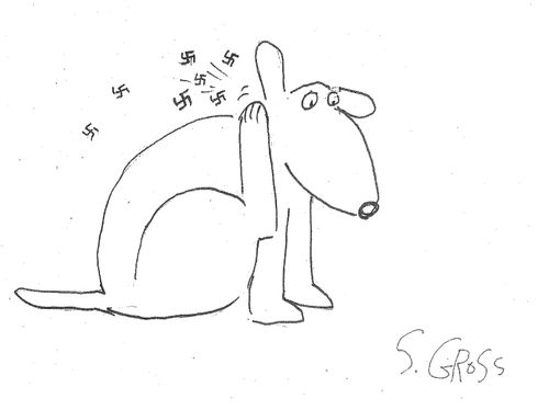A dog scratches swastikas off.