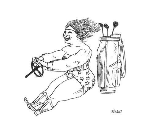 A superhero rides an invisible golf cart.