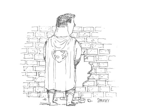 A superhero urinates a hole in a wall.