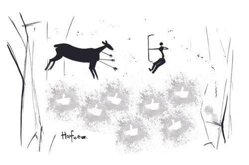 A cave painting of a hunter with thumbs up symbols.