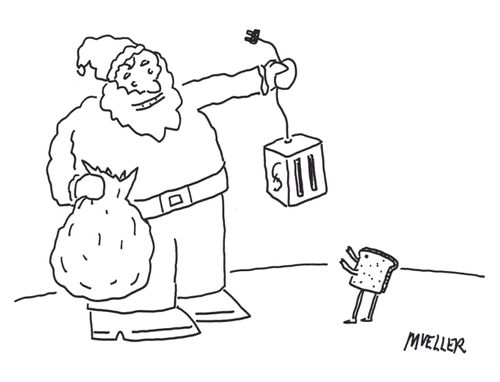 Santa Claus gives a toaster to a piece of bread.