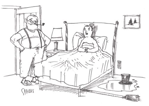 Santa finds his wife in bed with a melted snowman on the floor.