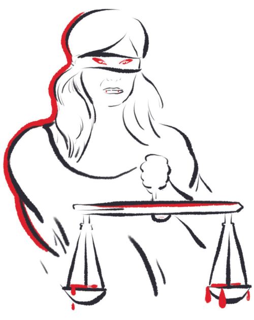 Lady Justice with blood in her scales.