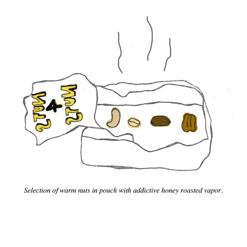 Selection of warm nuts in pouch with addictive honey roasted vapor.