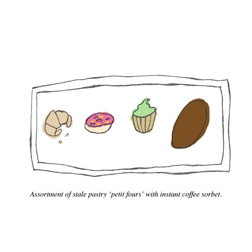 Assortment of stale pastry 'petit fours' with instant coffee sorbet."