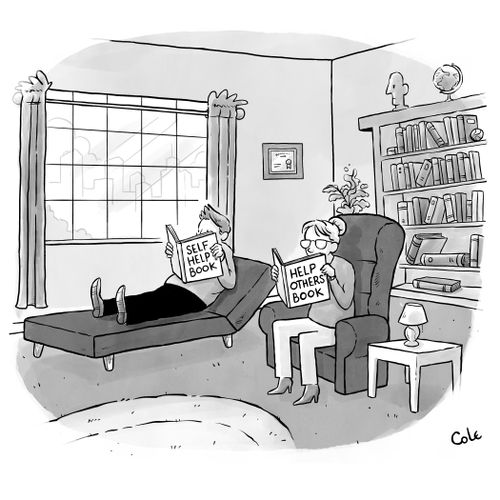 Therapist and patient reading help books.