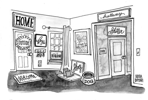 A house is full of signs directing where things are stored.