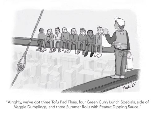 "Alrighty, we've got three Tofu Pad Thais, four Green Curry Lunch Specials, side of Veggie Dumplings, and three Summer Rolls with Peanut Dipping Sauce."