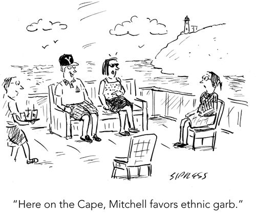 "Here on the Cape, Mitchell favors ethnic garb."