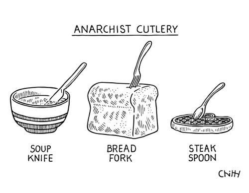 Anarchist Cutlery: Soup Knife/ Bread Fork, Steak Spoon.