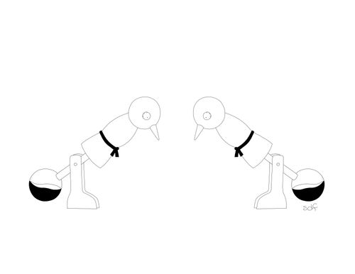 Two stressed drinking birds