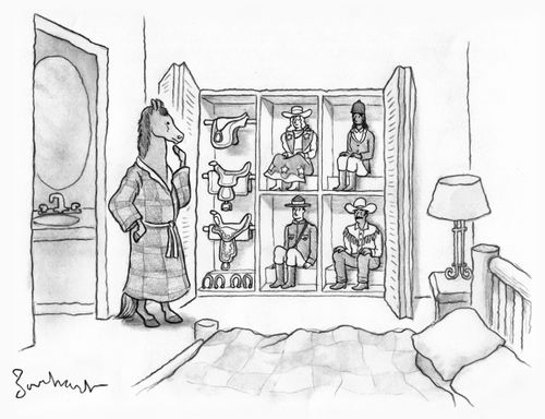 A horse contemplates what to wear