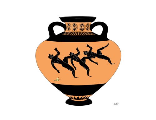 A grecian urn depicting three men slipping on a banana peel