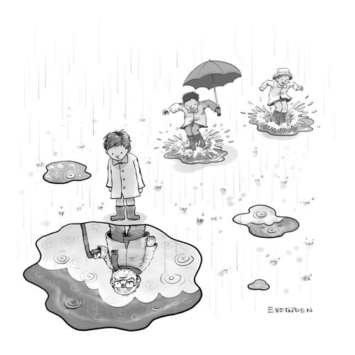 Child stares at older self in puddle.
