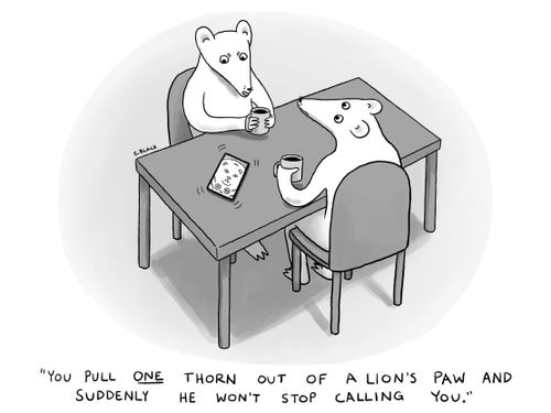 "You pull ONE thorn out of a lion's paw and suddenly he won't stop calling you."