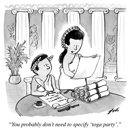 "You probably don't need to specify 'toga party'."