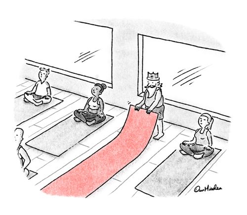A king rolls out a red yoga mat