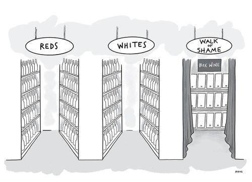 A wine shop with isles labeled 'Reds', 'Whites' and 'Walk of Shame.'