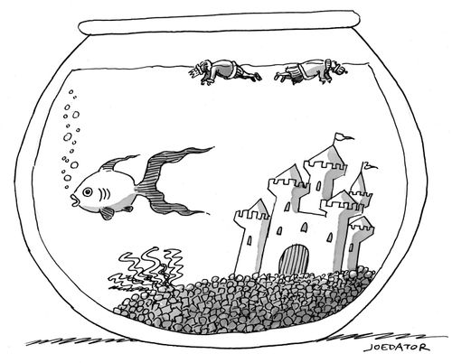 A fish bowl, with a castle and a dead king and queen floating on the surface of the water