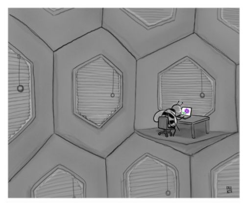 A bee staring at a computer screen image of a flower