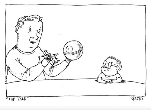 Dad playing with Star Wars toys.