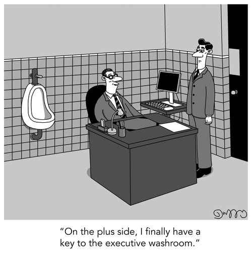 "On the plus side, I finally have a key to the executive washroom."
