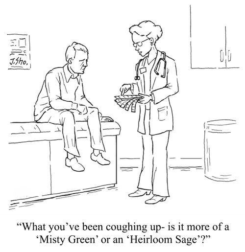 "What you've been coughing up - is it more of a 'Misty Green' or an 'Heirloom Sage'?"