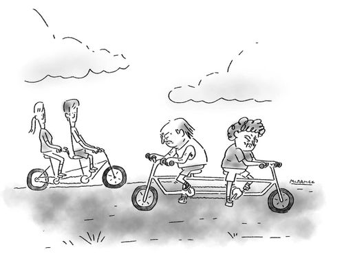 Couple on a Tandem Cycling in Different Directions