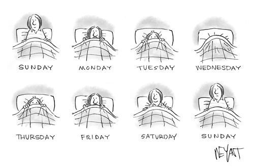 A woman is sat in bed and retreats further under the duvet during the week days.