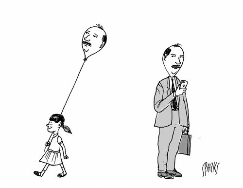 A businessman watches as a girl walks past carrying a balloon with his face on it.