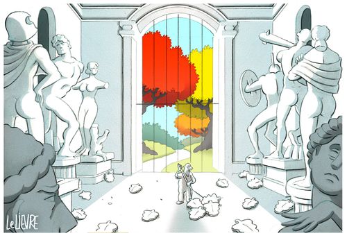 A man is sweeping leaves in a museum full of marble statues.