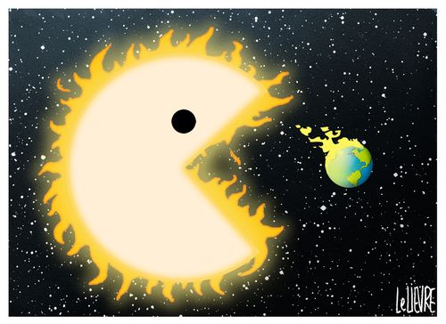 A sun opens its mouth to eat a burning Earth