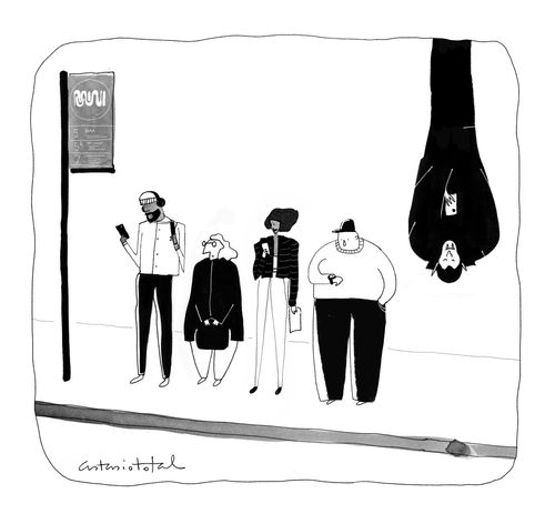 A vampire is positioned upside down at a bus stop, looking at its cell phone.