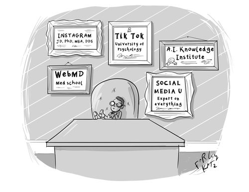 A boy is sat at a desk, with five plaques implying different qualifications he has earned from using social media. 