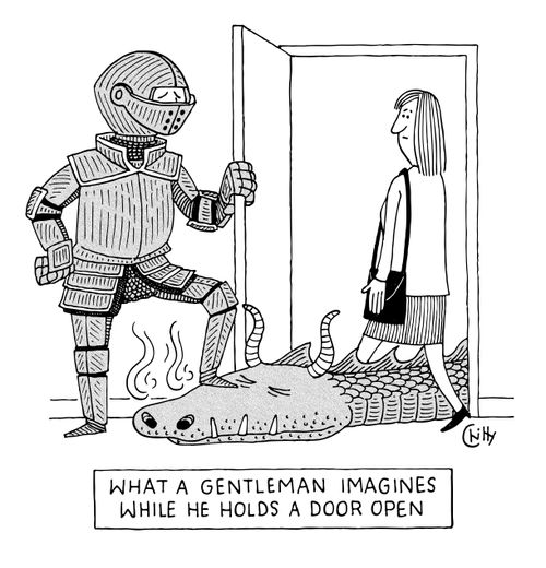 What a gentleman imagines while he holds a door open.