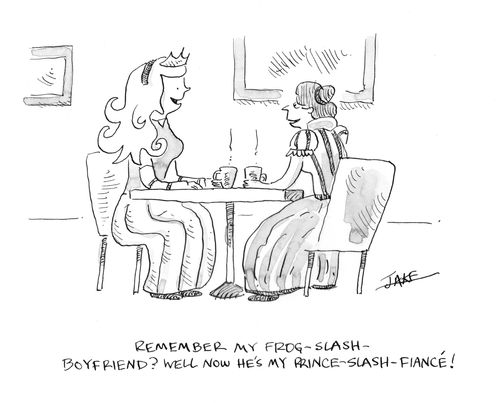 "Remember my frog-slash-boyfriend? Well now he's my prince-slash-fiancé!"