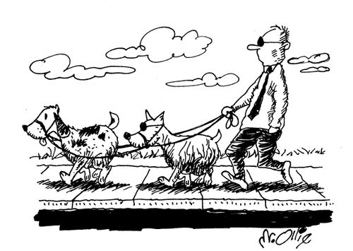 A blind man and dog are being led by a blind dog.