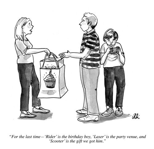 "For the last time—'Rider' is the birthday boy, 'Laser' is the party venue, and 'Scooter' is the gift we got him."
