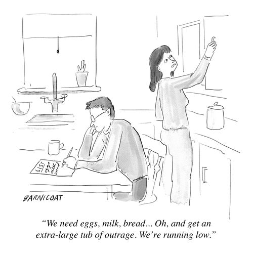 “We need eggs, milk, bread... Oh, and get an extra-large tub of outrage. We’re running low.”