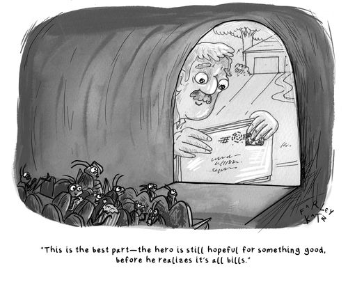 This is the best part—the hero is still hopeful for something good, before he realizes it’s all bills.